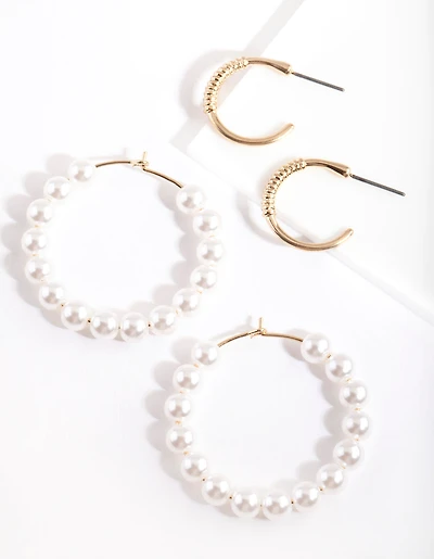 Gold Textured Pearl Hoop Earring Pack