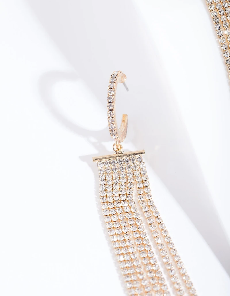 Gold Diamante Fringe Huggie Earrings