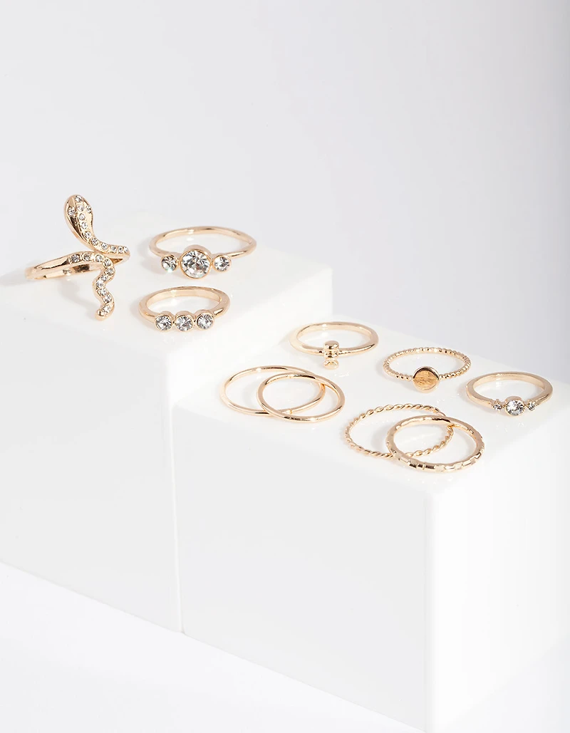 Gold Pearl & Diamante Mix Ring 7-Pack