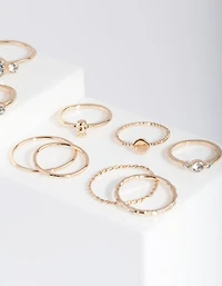 Gold Pearl & Diamante Mix Ring 7-Pack