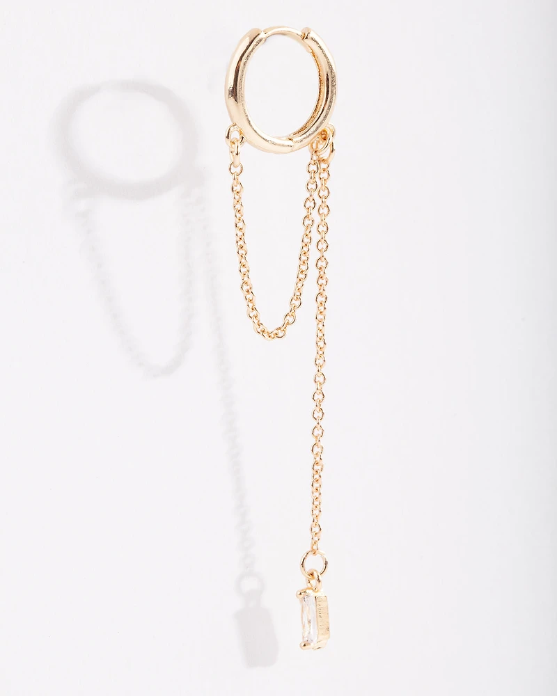 Gold Baguette Chain Drop Huggie Earrings