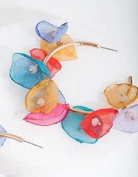 Gold Multi Fabric Flower Hoop Earrings