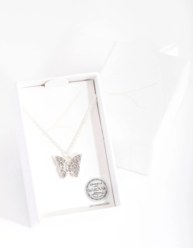 Silver Diamond Simulant Butterfly Necklace