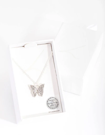 Silver Diamond Simulant Butterfly Necklace