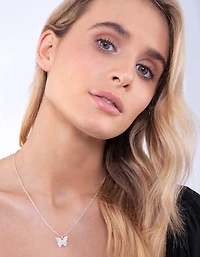 Silver Diamond Simulant Butterfly Necklace