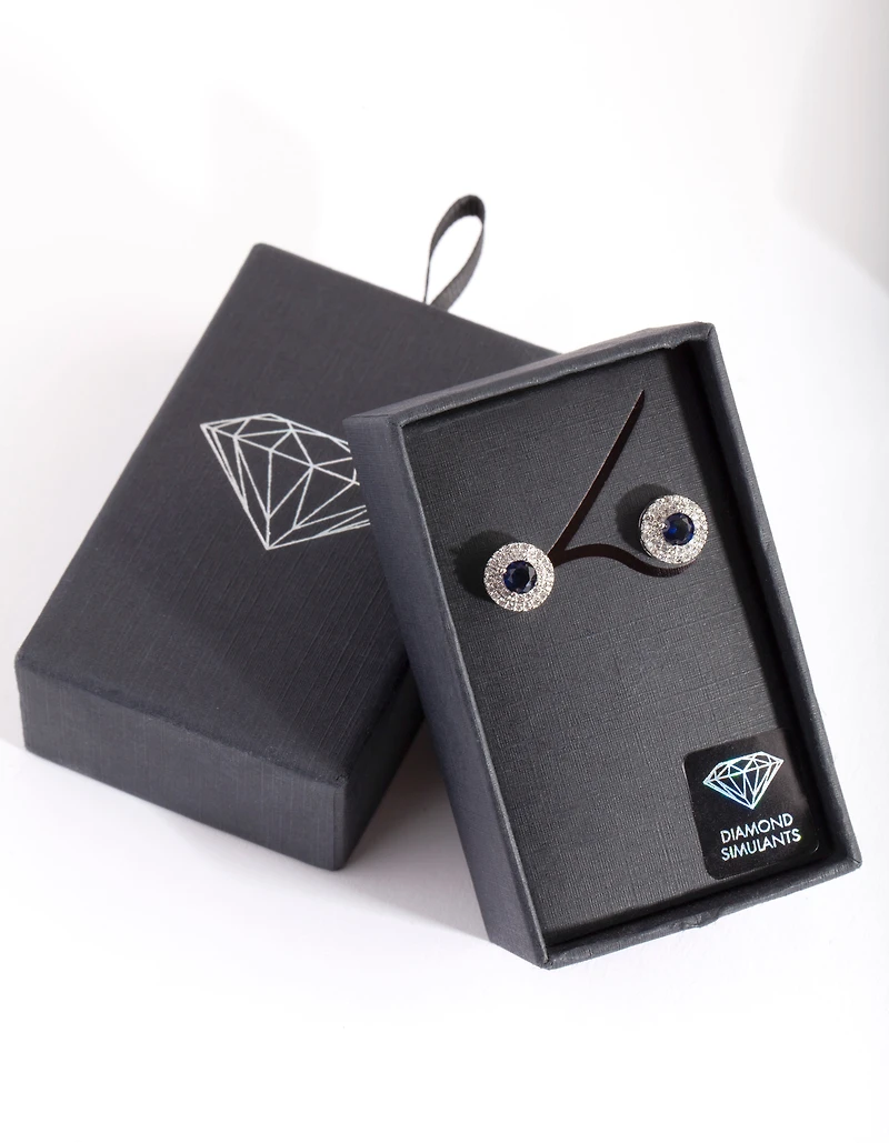 Silver Diamond Simulant Blue Stud Earrings