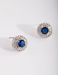 Silver Diamond Simulant  Blue Stud Earrings