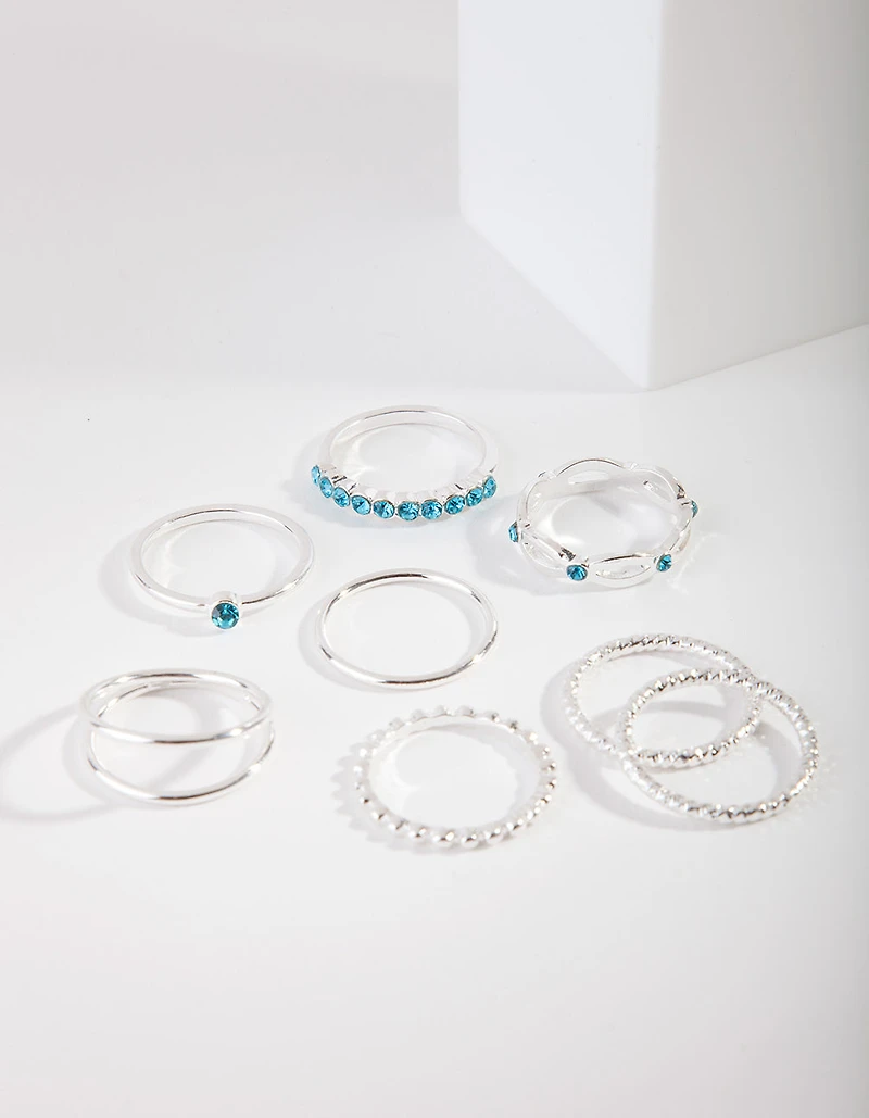 Silver Blue Diamante Ring 8-Pack