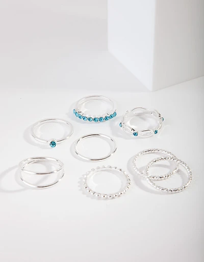 Silver Blue Diamante Ring 8-Pack