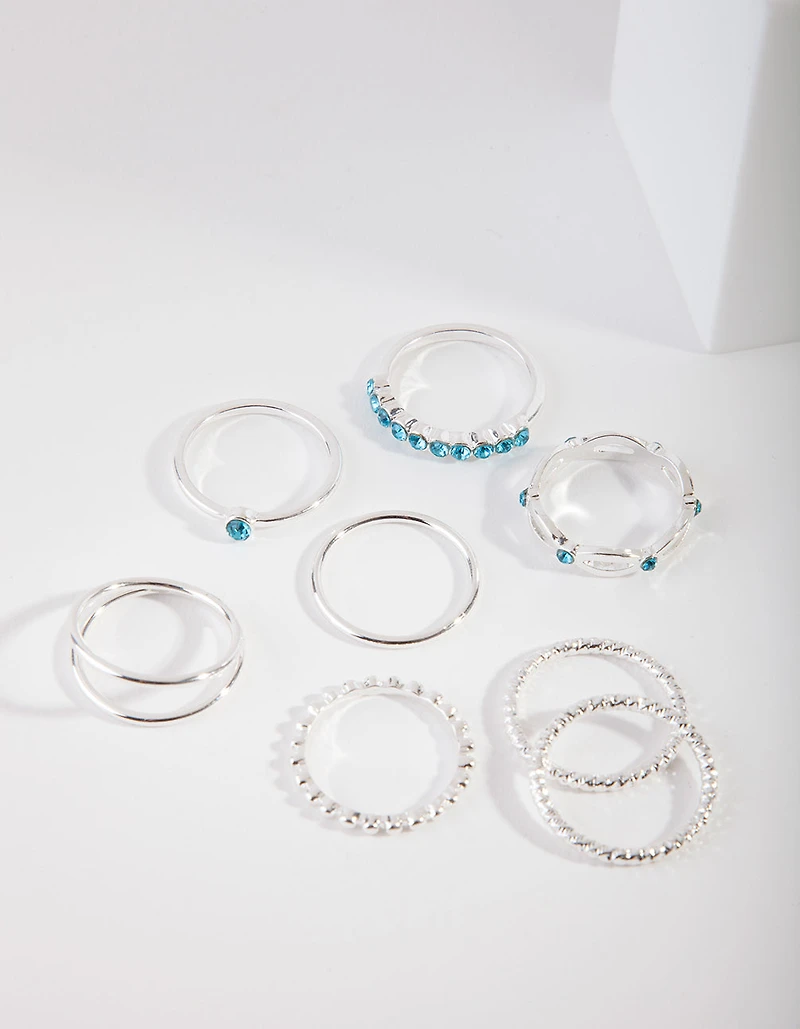 Silver Blue Diamante Ring 8-Pack