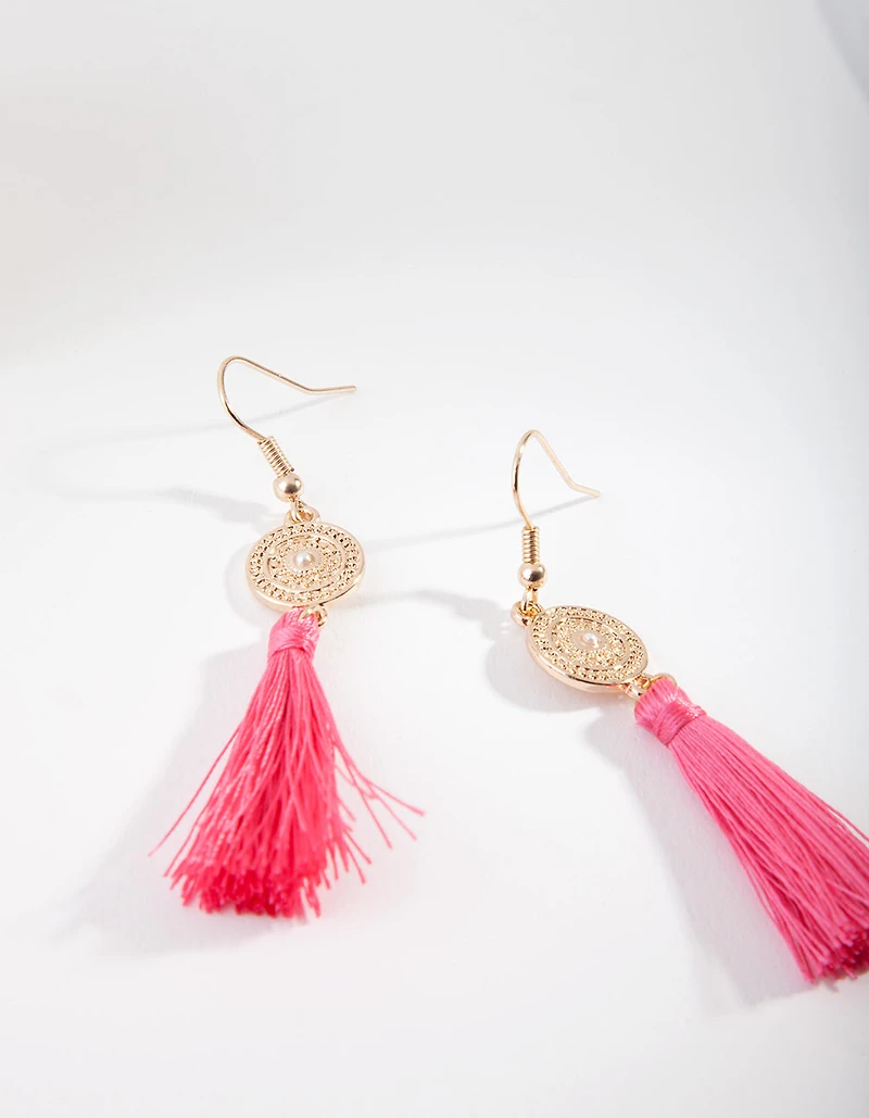 Gold Disc Pink  Tassel Drop Earrings