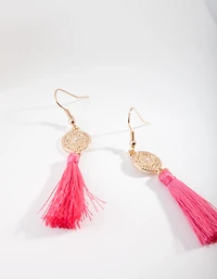 Gold Disc Pink  Tassel Drop Earrings