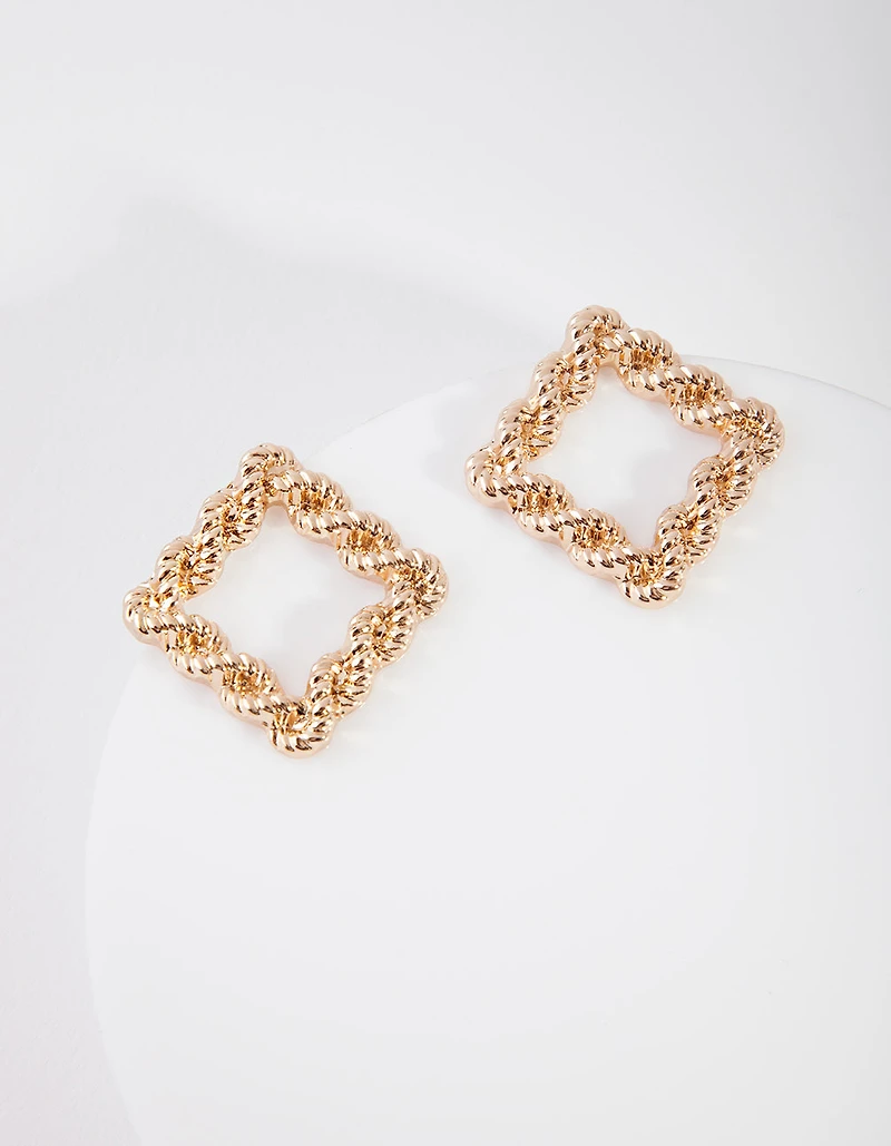 Gold Rope Knot Square Stud Earrings