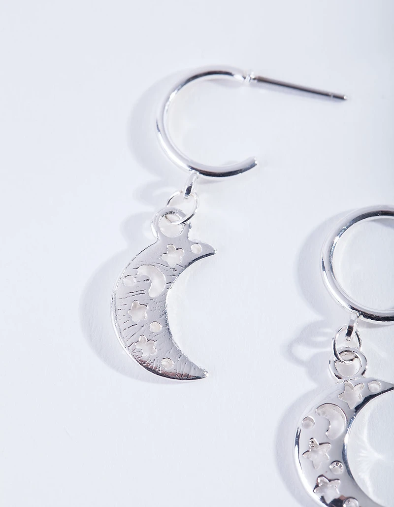 Silver Cut-Out Moon Hoop Earrings