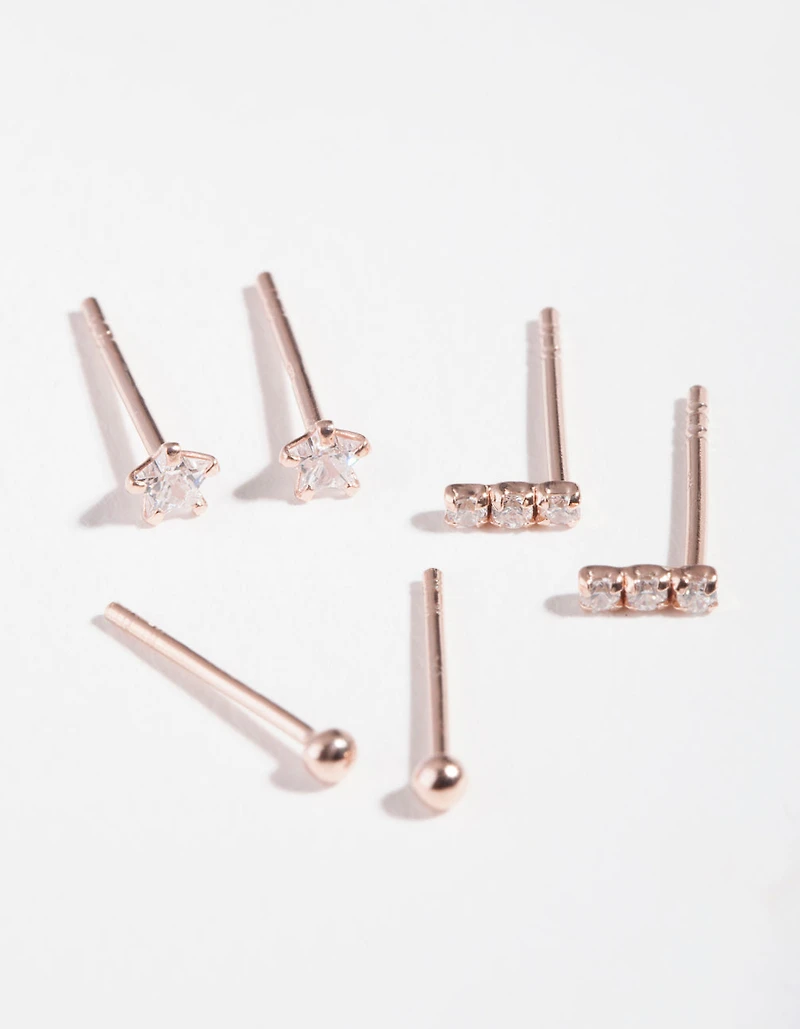 Rose Gold Plated Sterling Silver Cubic Zirconia Line Stud Earring Pack