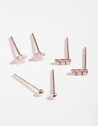 Rose Gold Plated Sterling Silver Cubic Zirconia Line Stud Earring Pack