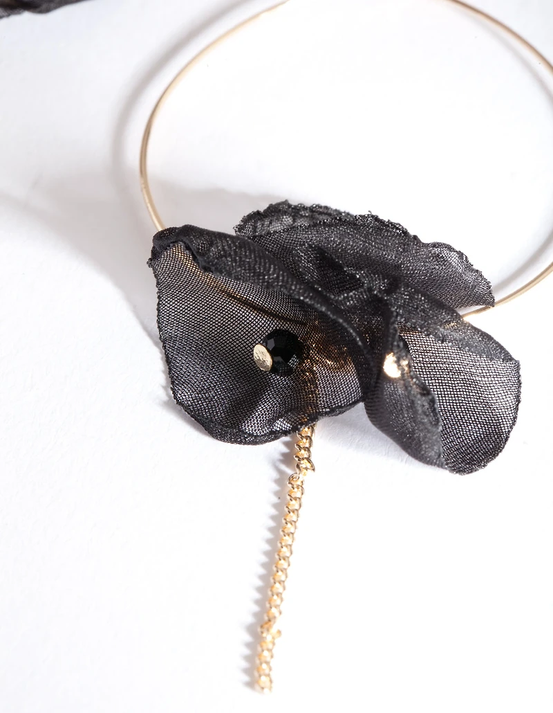 Gold Black Fabric Flower Hoop Earrings