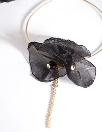 Gold Black Fabric Flower Hoop Earrings