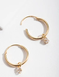 Gold Plated Sterling Silver Cubic Zirconia Dangle Hoop Earrings