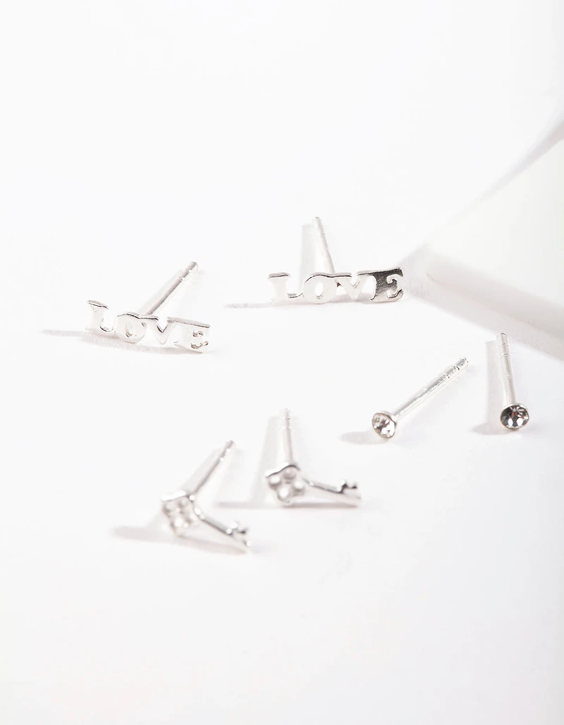 Sterling Silver Love Stud Earring Pack