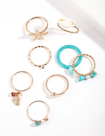 Bague de mer turquoise dorée en pack de 8