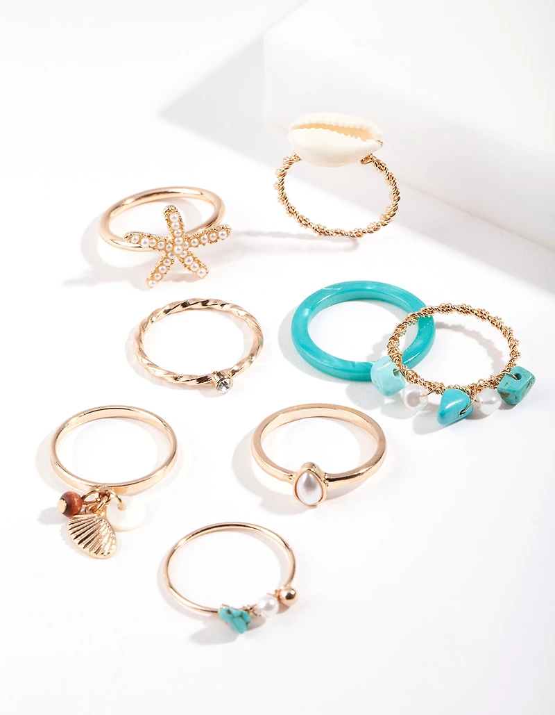 Bague de mer turquoise dorée en pack de 8