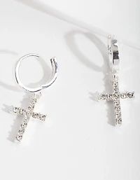 Silver Diamante Cross Huggie Earrings