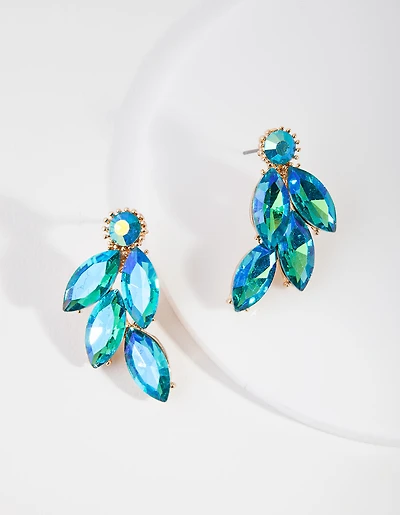 Gunmetal Blue Diamante Leaf Stud Earrings