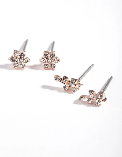 Rose Gold Diamante Flower Stud Earring Pack