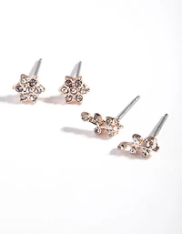 Rose Gold Diamante Flower Stud Earring Pack