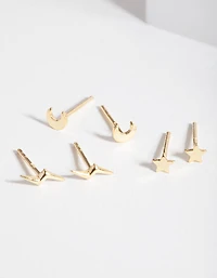 Gold Plated Sterling Silver Celestial Stud Earrings Trio