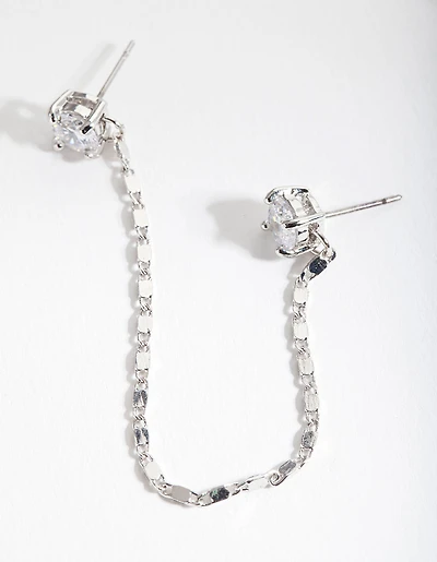 Silver Fancy Chain Double Stud Earrings