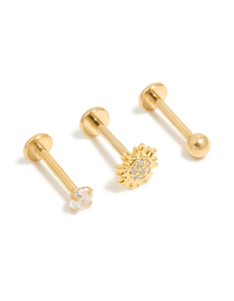 Gold Surgical Steel Cubic Zirconia Sun Flat Back Earring Pack