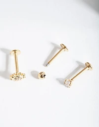 Gold Surgical Steel Cubic Zirconia Sun Flat Back Earring Pack