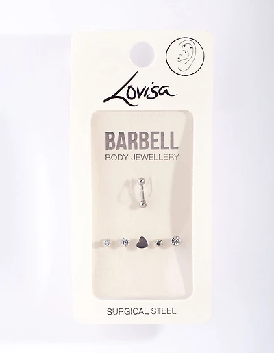 Surgical Steel Cubic Zirconia Heart Barbell 6-Pack