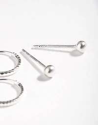 Sterling Silver Mini Textured Hoop Stud Earring Pack