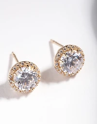 Gold Plated Sterling Silver 5mm Cubic Zirconia Halo Stud Earrings