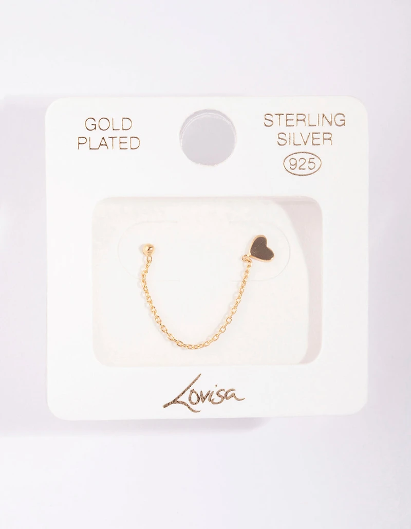 Gold Plated Sterling Silver Heart Chain Double Stud Earring