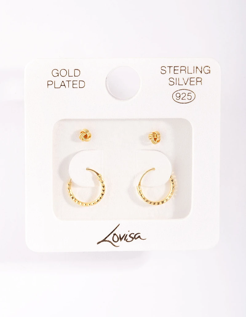Gold Plated Sterling Silver Knot Stud Hoop Earring Pack