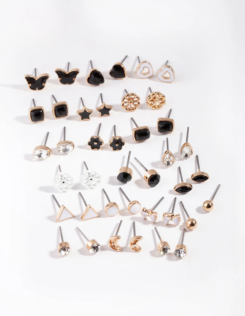 Gold & Dark Feminine Stud Earring 16-Pack