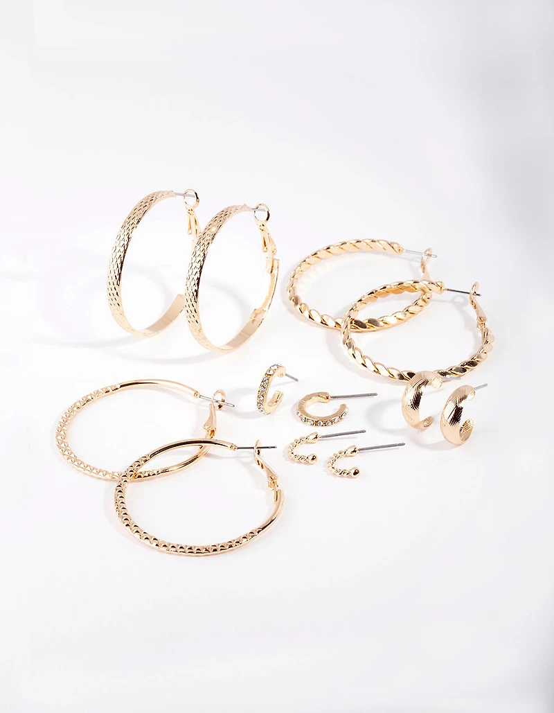 Gold Etched Twist Hoop Earring 6-Pack