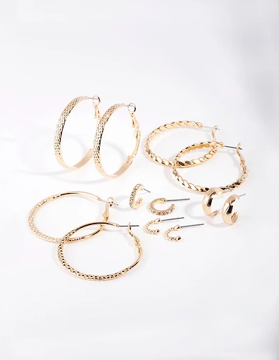 Gold Etched Twist Hoop Earring 6-Pack