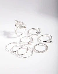 Silver Butterfly Diamante Ring Set