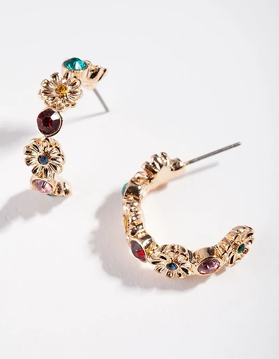 Gold Red Green Gem Hoop Earrings