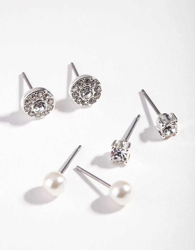 Coffret de boucles d’oreilles Silver Pearl Mixed Diamante