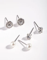 Coffret de boucles d’oreilles Silver Pearl Mixed Diamante