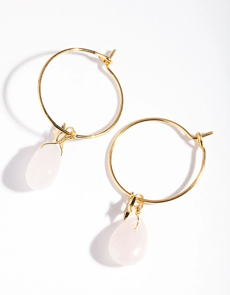 Gold Plated Sterling Silver Rose Quartz Celestial Charm Hoop Earrings
