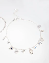 Silver Evil Eye Charm Anklet Set