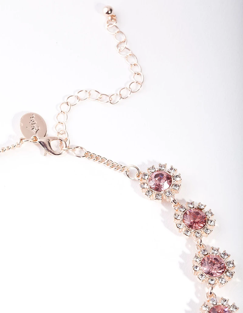 Rose Gold Diamante Gem Flower Chain Necklace