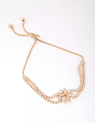 Gold Cubic Zirconia Cup Chain Flower Toggle Bracelet